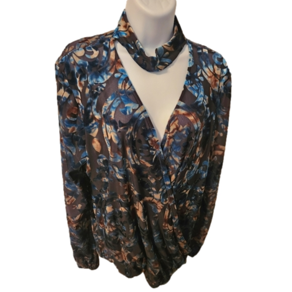 Arielle burnout velvet blouse in teal, brown, black and cream.